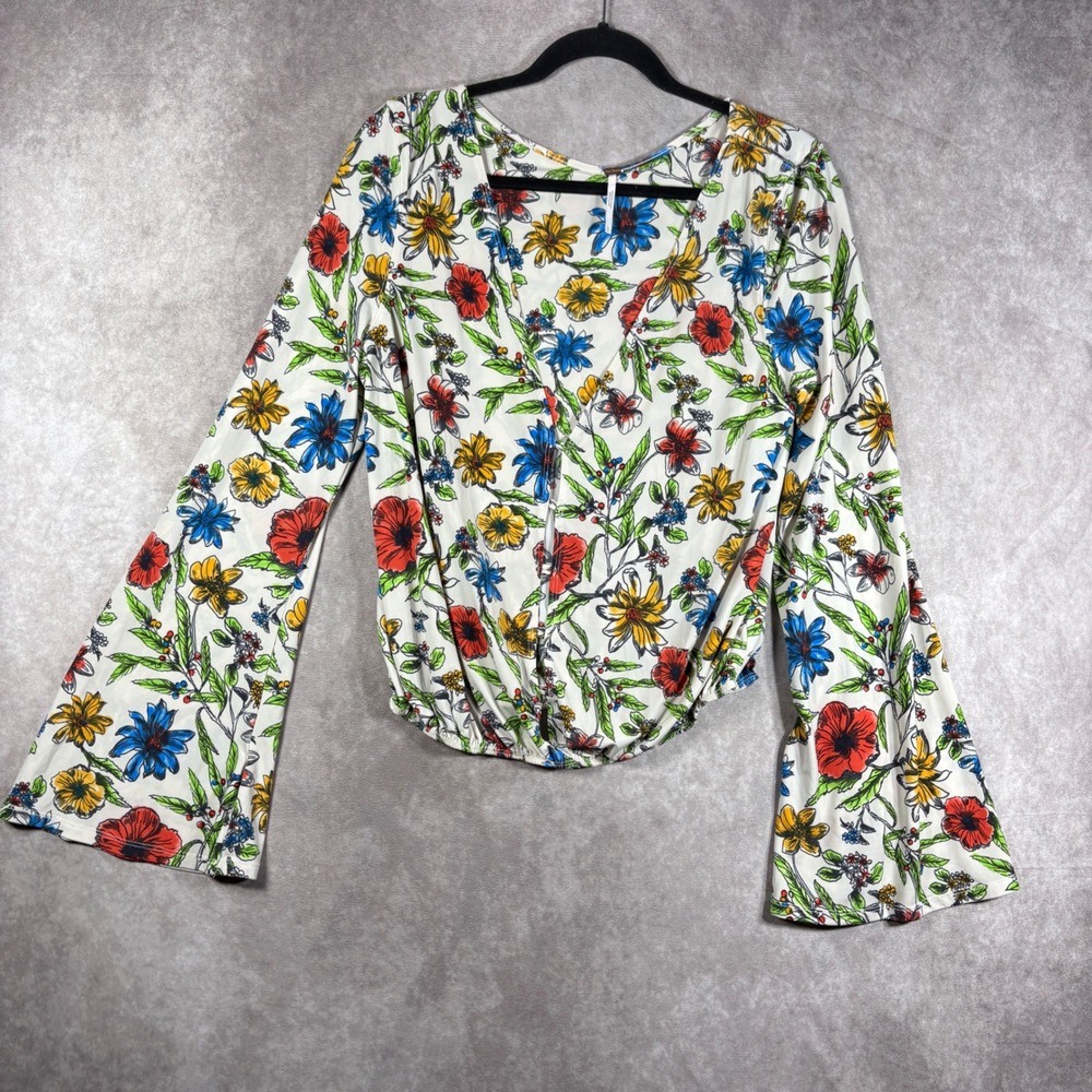 Free People Top Womens Size Large White Floral Boho Bell Sleeve V-Neck Festival
